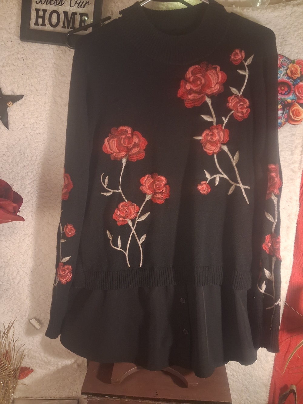 Style & Co. Black Sweater with Red Rose Embroidery and Skirted Hem